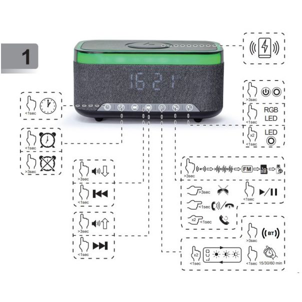GEMBIRD Digitalni sat sa zvučnikom i bežičnim punjačem DAC-SPKBT-QC15-BK, crna - 46821