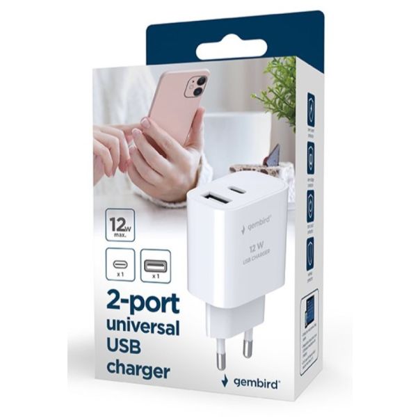 GEMBIRD Univerzalni punjač 2-port USB-A+ USB-C TA-UC-2AC12-01-BK, crna - 46833