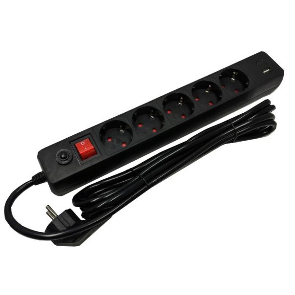 GEMBIRD Produžni kabl sa zastitom, 5 uticnica SPG5-B-6(3G1.5), 5V/3.1A USB-A+C 16A/3500W, 1.8m, crna - 47077