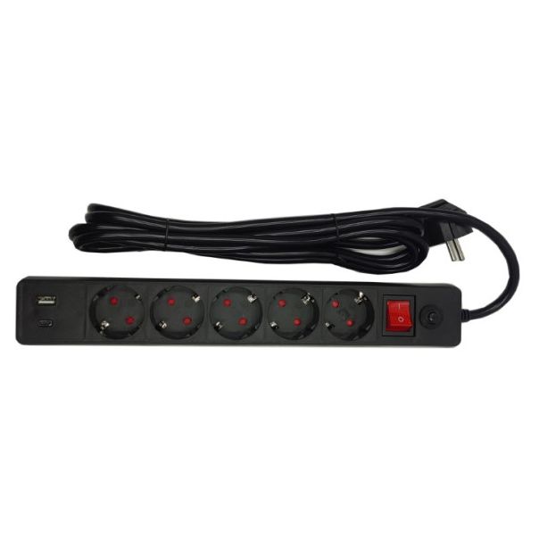GEMBIRD Produžni kabl sa zastitom, 5 uticnica SPG5-B-6(3G1.5), 5V/3.1A USB-A+C 16A/3500W, 1.8m, crna - 47077