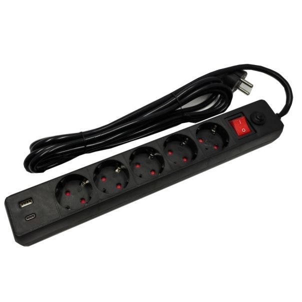 GEMBIRD Produžni kabl sa zastitom, 5 uticnica SPG5-B-6(3G1.5), 5V/3.1A USB-A+C 16A/3500W, 1.8m, crna - 47077
