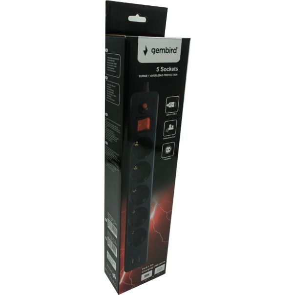 GEMBIRD Produžni kabl sa zastitom, 5 uticnica SPG5-B-6(3G1.5), 5V/3.1A USB-A+C 16A/3500W, 1.8m, crna - 47077