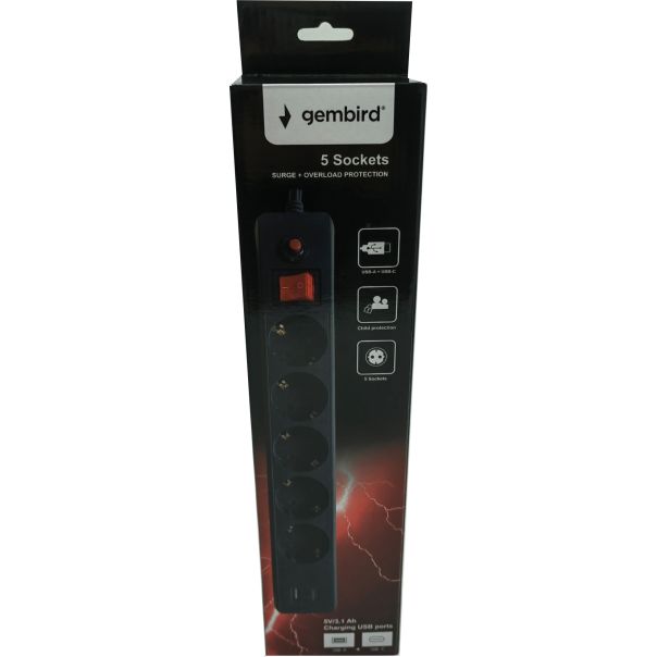 GEMBIRD Produžni kabl sa zastitom, 5 uticnica SPG5-B-6(3G1.5), 5V/3.1A USB-A+C 16A/3500W, 1.8m, crna - 47077