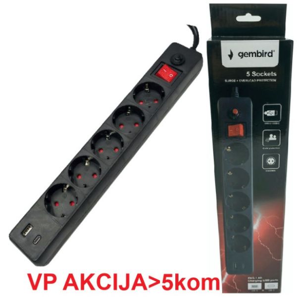 GEMBIRD Produžni kabl sa zaštitom, 5 utičnica SPG5-B-10(3G1.5), 5V/3.1A USB-A+C 16A/3500W, 3m - 47076