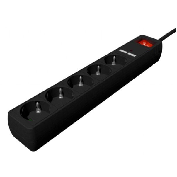 GEMBIRD Produzni kabl sa zastitom, 5 uticnica SPG5-U2-5-02 , 5V/2A USB-A 16A, 1.5m, crna - 47066