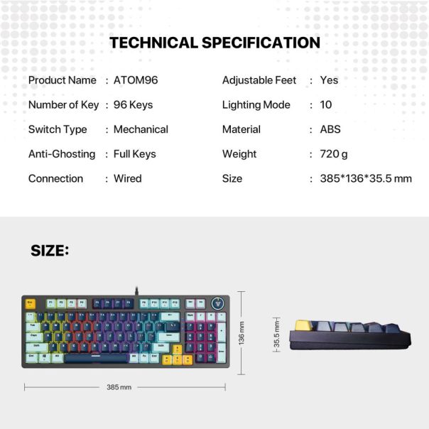 Tastatura Mehanicka Gaming Fantech MK890 RGB Atom MK96 SkyBlue (Rosie switch) - EP3094865