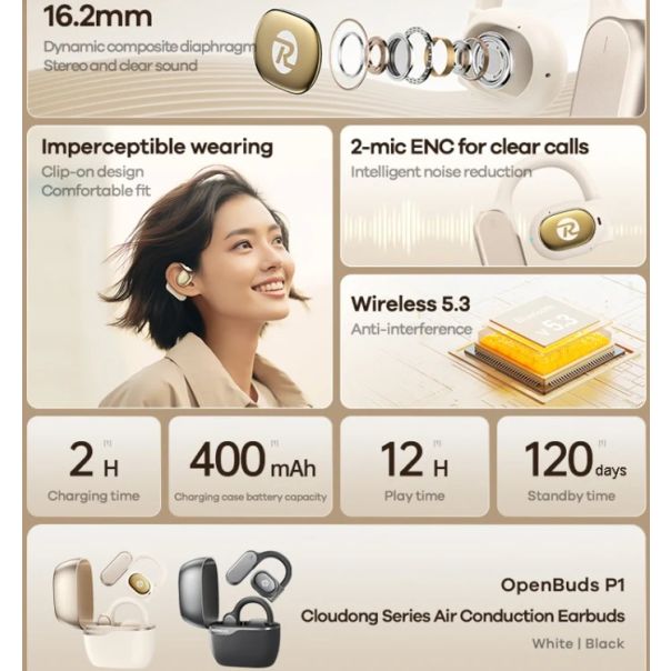 REMAX Bluetooth slušalice P1 Air Conduction, crna - 6954851220985