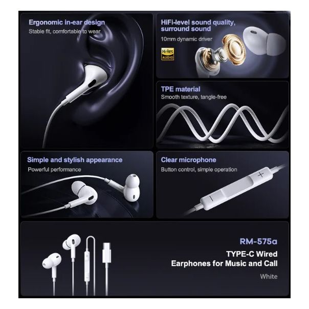 REMAX Slušalice za telefon RM-570a TYPE-C, bela - 6954851234678