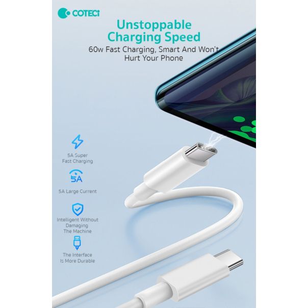 Data kabl Coteci 32117 5A 60W 40 Gps PD Type C na Type C beli 2m - 224166-1