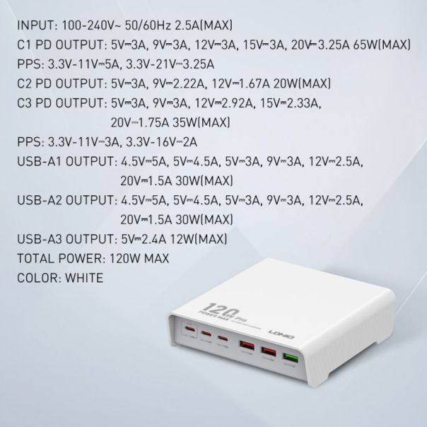 Kucni punjac LDNIO Q605, QC4+, PD3.0, SCP, PPS, VOOC, 120W total power beli - EP2763345