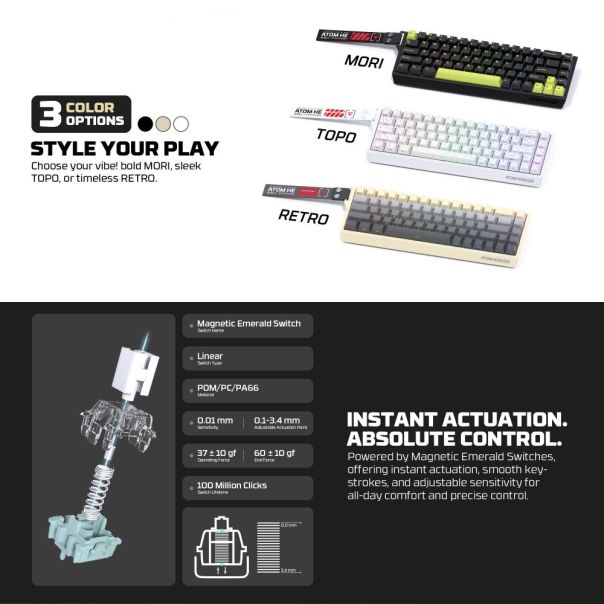 FANTECH Gejmerska mehanicka tastatura MK922 Atom HE68 Pro Retro magnetic emerald switch Wireless - EP2870941