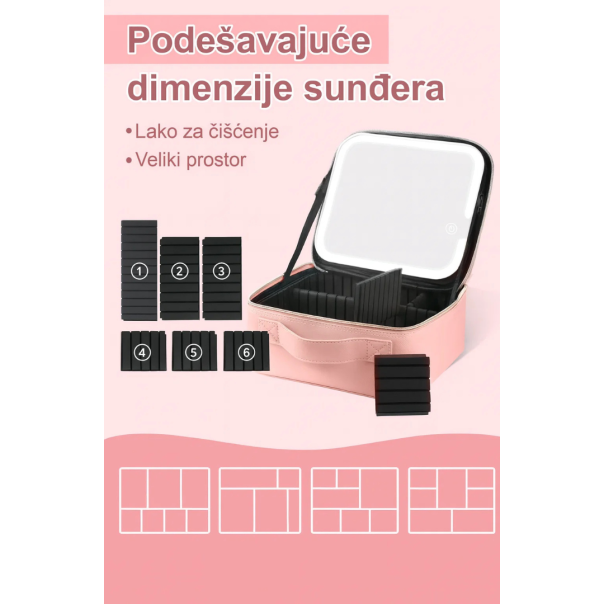 LED Ogledalo i torba sa pregradama za šminkanje, krem - EP3305280