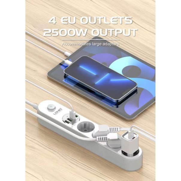 Produzni kabl LDNIO SE1-C 2500W EU, 4 uticnice 2xUSB 12W, 2xPD 20W beli 2m - EP2937076