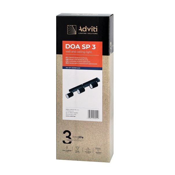 ADVITI Plafonska-zidna spot svetiljka 3xGU10 IP20 40x14x6.6 cm Doa, crna - ORNAD-OP-6195BGU10