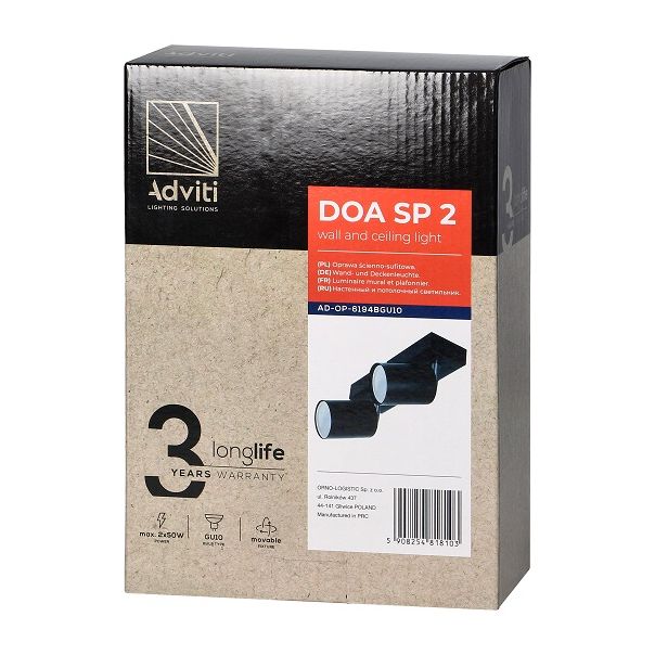 ADVITI Plafonska -zidna spot svetiljka 2xGU10 IP20 20x13.9x6.6 cm Doa, crna - ORNAD-OP-6194BGU10