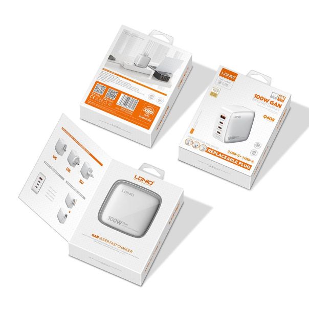 Kucni punjac sa adapterima LDNIO Q408 GaN PPS QC3.0 (30W), 3xPD3.0 (100W), 100W Max, sa Type C na Type C kablom beli - 217366