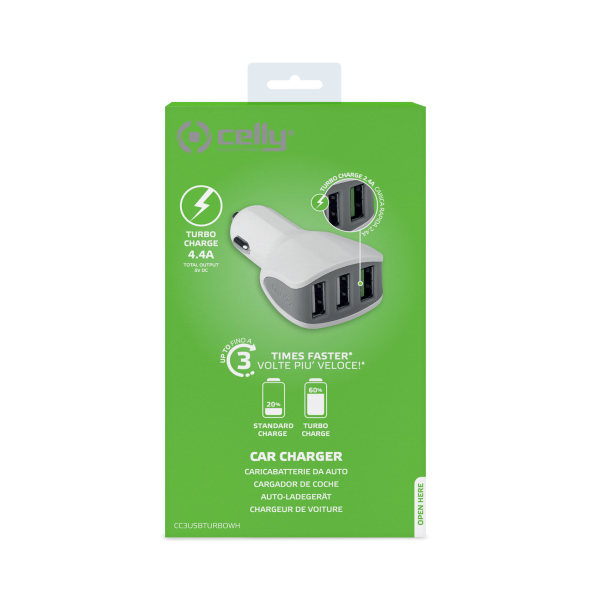 CELLY Auto punjač sa 3 ulaza Turbo, bela - CC3USBTURBOWH