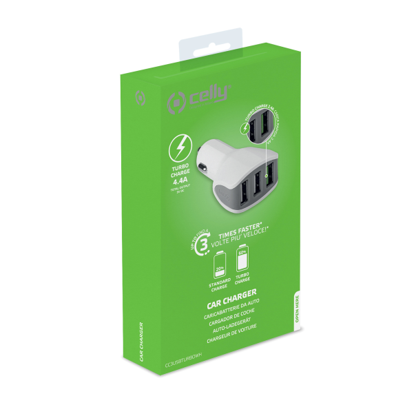 CELLY Auto punjač sa 3 ulaza Turbo, bela - CC3USBTURBOWH
