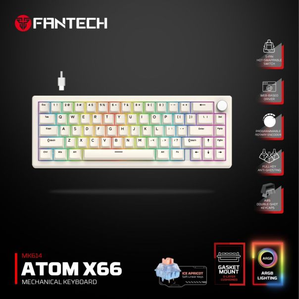 Tastatura Mehanicka Gaming Fantech MK614 Atom x66 Retro bez (ice apricot switch) - EP3093830