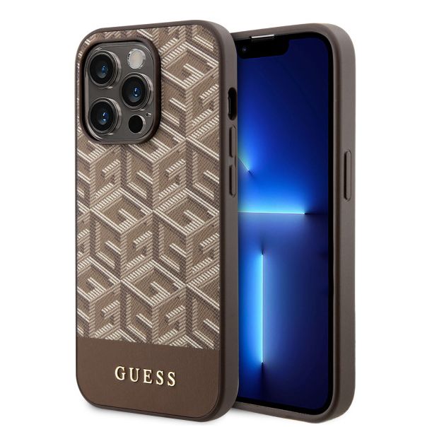 LICENSED GUESS GUESS Futrola za iPhone 14 Pro GCUBE PU STRIPES BROWN MagSafe - GUHMP14LHGCFSEW