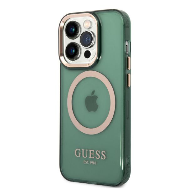 LICENSED GUESS GUESS Futrola za iPhone 14 Pro Max GOLD OUTLINE TRANSLUCENT KAKI MagSafe - GUHMP14XHTCMA