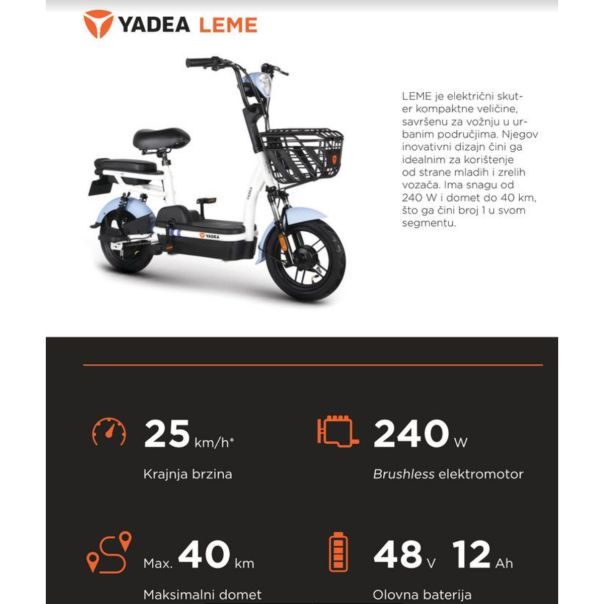 YADEA Električni skuter 48V 12Ah crni - 079996