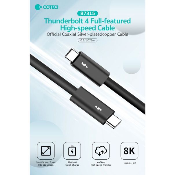 Data kabl Coteci Thunderbolt 87315 40Gbps 100W 8k PD Type C na Type C crni 0.3m - 224528