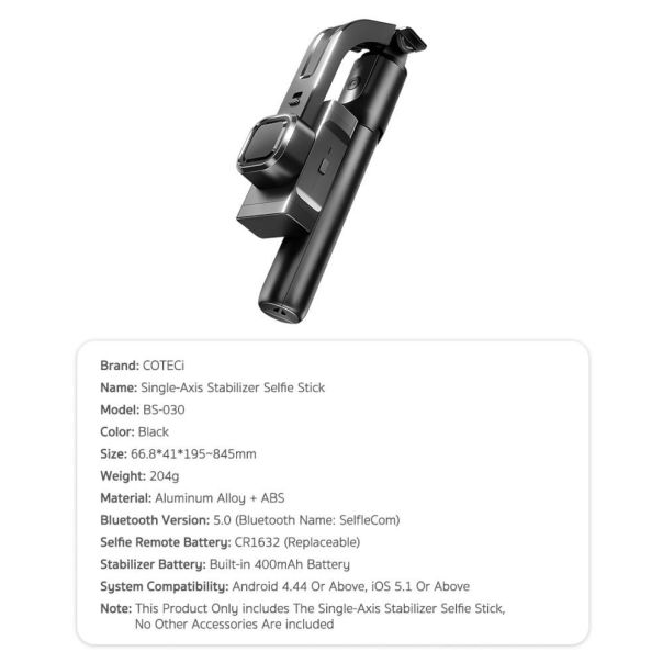 Selfie stick single-Axis Coteci stabilizer Gimbal BS-030 crni - EP3232576