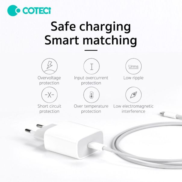 Kucni punjac Coteci CS5193 20W sa PD na lightning kablom beli - EP2781507