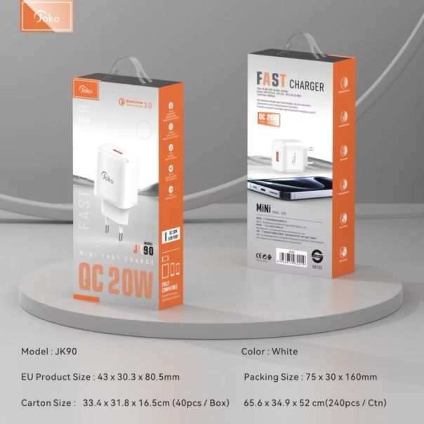 Kucni punjac KONFULON JK90 + DC65 PD20W sa kablom USB na Type C beli - EP2937025