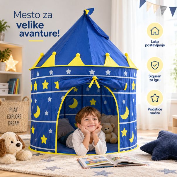 Dečji šator u obliku zamka, plavi sa zvezdama, 135×105 cm - EP3222673