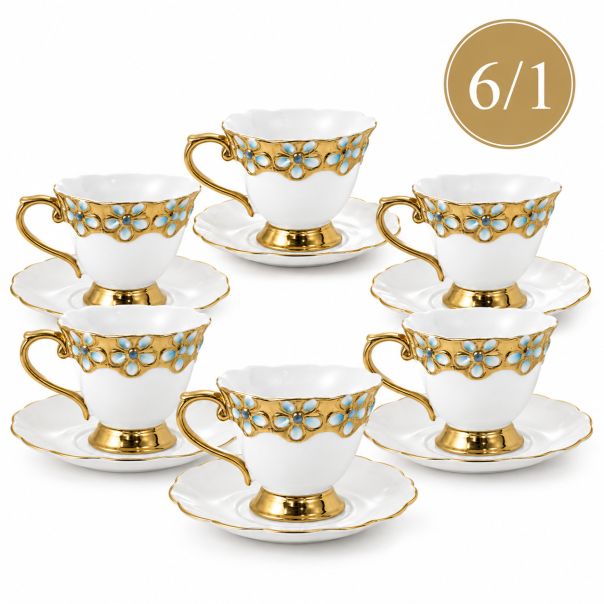 Set šoljica sa tacnicama, zlatni detalji i plavi cvetni motiv, 6 komada - EP3222672