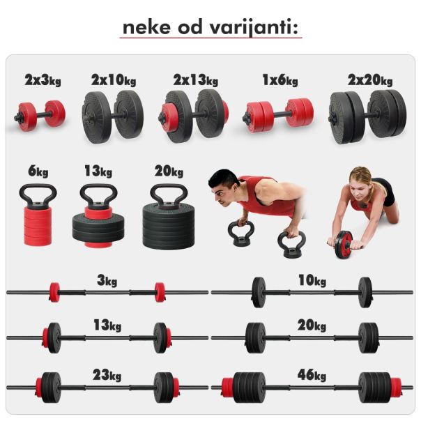 Iron Sport set 46kg tegova, 2+1 šipka , ručka za zvono i točak za trbušnjake (set 5 in 1) - TS465I1