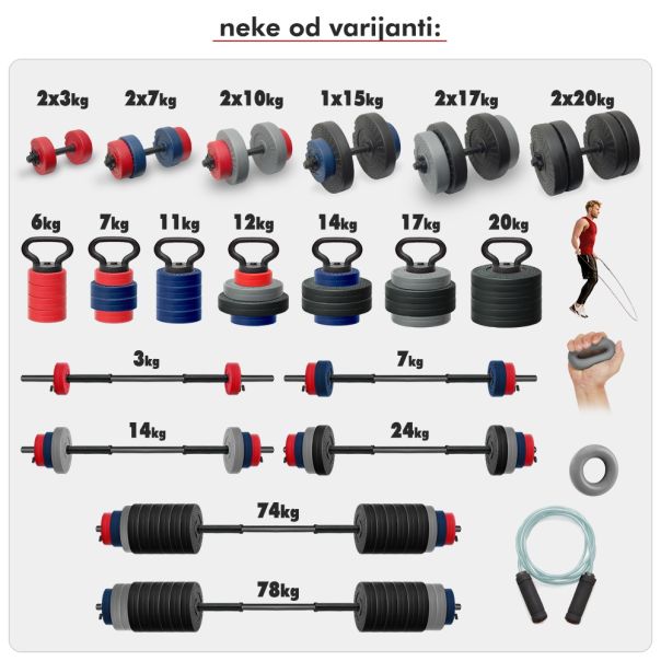 Iron Sport set 88kg tegova, 2+1 šipka , ručka za zvono, točak za trbušnjake, guma za šaku i vijača - TS887I1