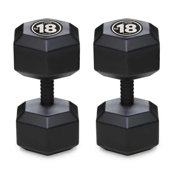 Iron Sport set Plastični HEX Tegovi – Bučice set 36kg ( 2 x 18kg ) sa čeličnim ojačanjem sredine - HEXS036