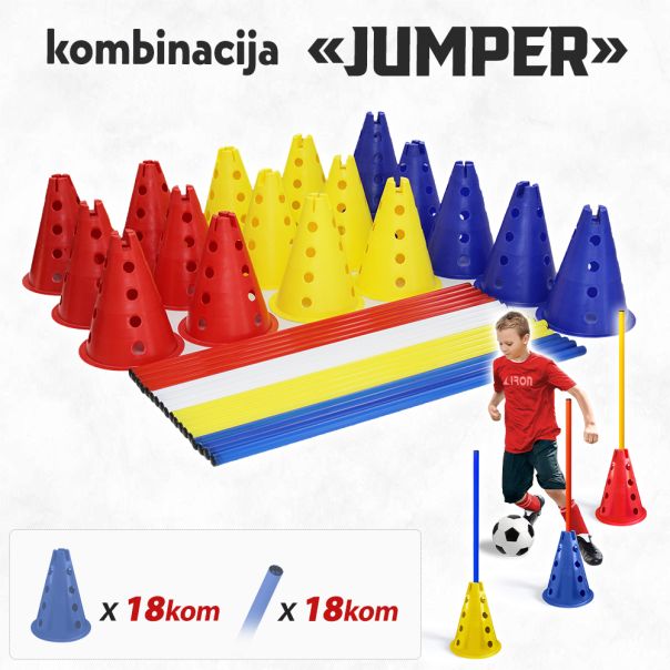 Iron Sport koordinaciona kombinacija  JUMPER - visoki čunj sa 16 rupa 18kom i štap 100cm 18kom - KKJUM01