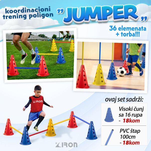 Iron Sport koordinaciona kombinacija  JUMPER - visoki čunj sa 16 rupa 18kom i štap 100cm 18kom - KKJUM01