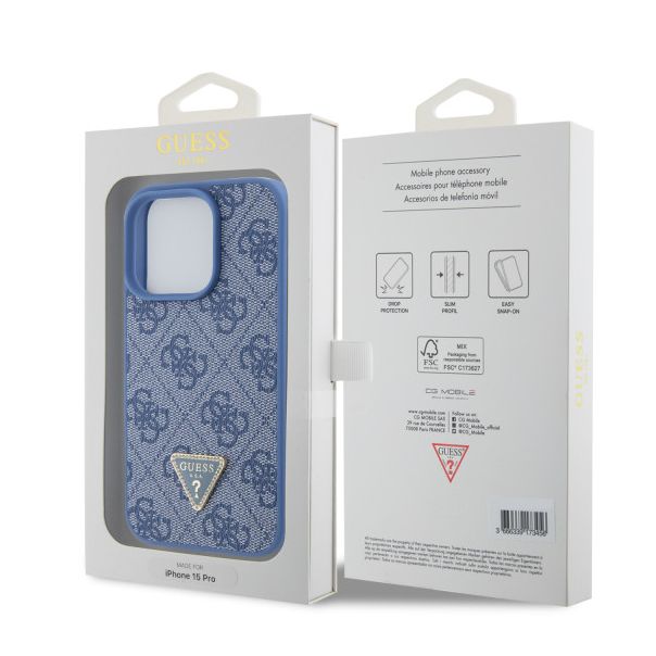 LICENSED GUESS Maska za iPhone 15 Pro LEATHER 4G TRIANGLE STRASS, plava - 200859-1