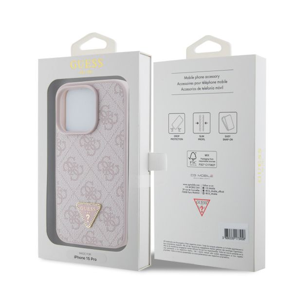 LICENSED GUESS GUESS maska za iPhone 15 Pro LEATHER 4G TRIANGLE STRASS, roza - GUHCP15LP4TDPP