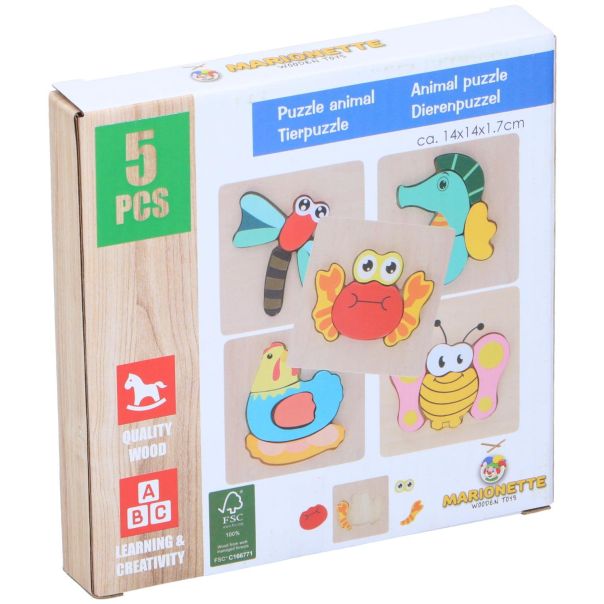 MARIONETTE WOODEN TOYS Drvena puzzle slagalica sa životinjama 14 × 14 cm - EP3150996