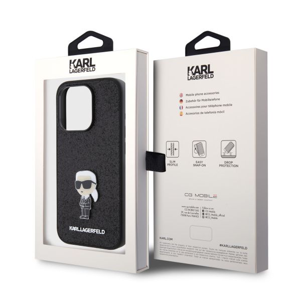 LICENSED KARL LAGERFELD maska za iPhone 15 Pro IKONIK FIXED GLITTER IKONIK LOGO METAL PIN, crna - KLHCP15LGKNPSK