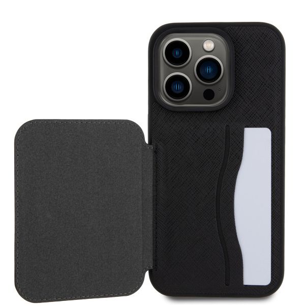 LICENSED KARL LAGERFELD Maska za iPhone 15 Pro SAFFIANO CARDSLOTS AND STAND K&C PATCH, crna - 200837-1