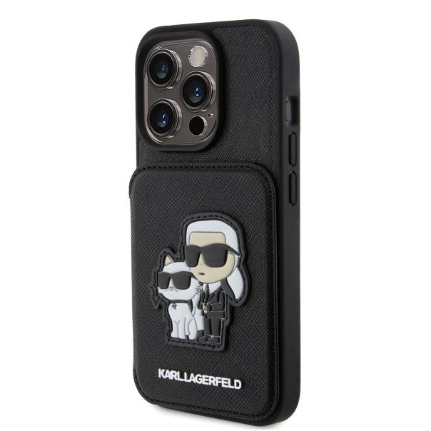 LICENSED KARL LAGERFELD Maska za iPhone 15 Pro SAFFIANO CARDSLOTS AND STAND K&C PATCH, crna - 200837-1