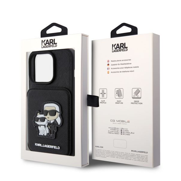 LICENSED KARL LAGERFELD Maska za iPhone 15 Pro SAFFIANO CARDSLOTS AND STAND K&C PATCH, crna - 200837-1