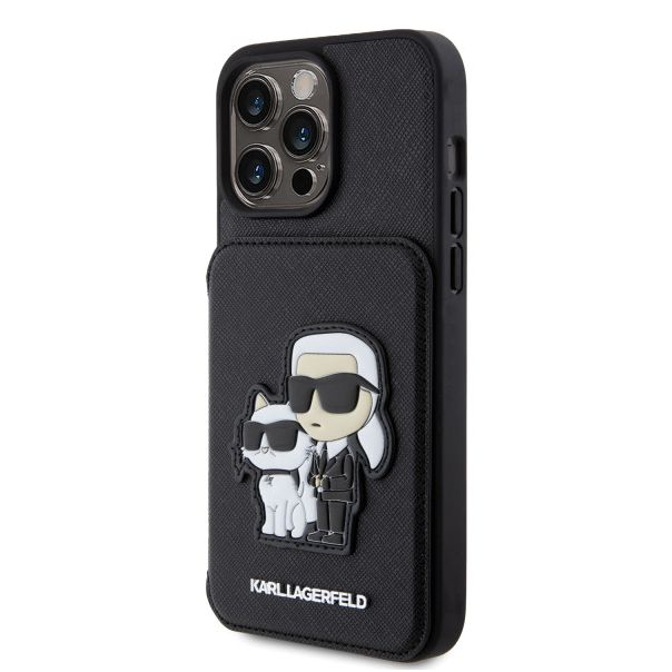 LICENSED KARL LAGERFELD Maska za iPhone 15 Pro Max SAFFIANO CARDSLOTS AND STAND K&C PATCH, crna - 200839-1