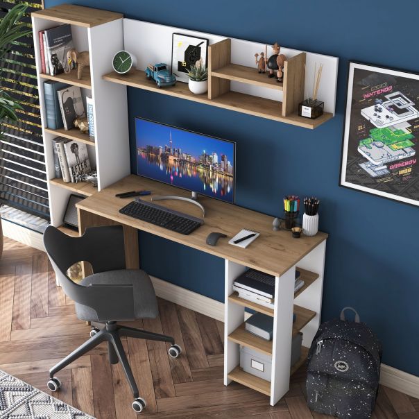 HANAH HOME Radni sto sa policama HA125 - 3428, braon/bela - EP3057368