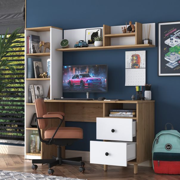 HANAH HOME Radni sto sa policom HA115 2642, braon/bela - EP2801049