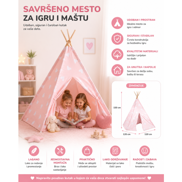 EDDY TOYS Tipi šator za decu rozi 120x120x150 cm - EP3270764