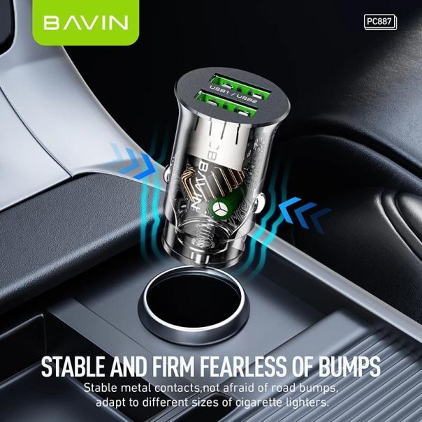 BAVIN Auto punjač 2.4A Dual 2xUSB-A + kabl type-A na type-C, crna - 90023