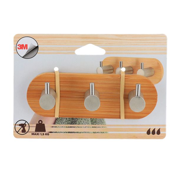 TENDANCE Čiviluk sa 3 kukice 3M 3.5x13.5x3.5cm, bambus/metal hrom - 9062102